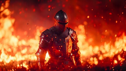 A knight in full plate armor stands amidst a fiery inferno, embers raining down
