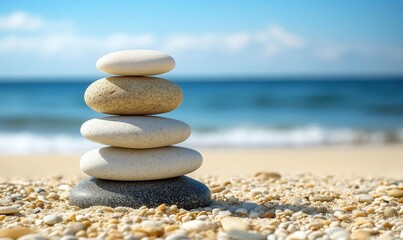 Balanced pebble pyramid silhouette on the beach with the ocean in the background. Zen stones on the sea beach, meditation, spa, harmony, calmness, balance