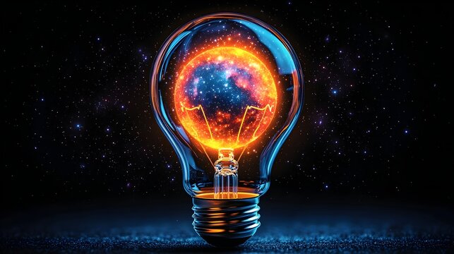 A lightbulb contains a fiery, galaxy-like orb against a dark, starry backdrop.  The image evokes cosmic energy and brilliant ideas