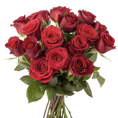 A bouquet of red roses arranged with green leaves and stems, isolated on transparent background.