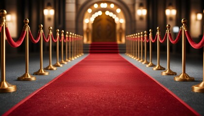 Elegant red carpet leads the way to a brightly illuminated archway with velvet rope barriers.