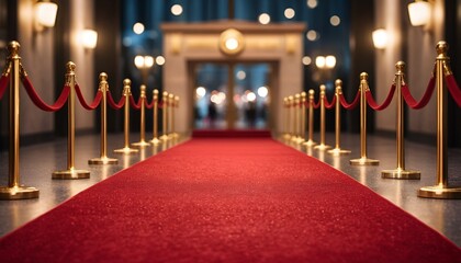 A red carpet event setup with golden stanchions, showcasing elegance, prestige, and anticipation.