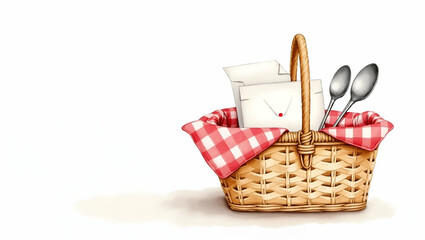Charming Watercolor Picnic Basket with Red and White Checkered Napkin, Letter, and Spoons - Perfect for Stock Photo Concept with Empty Space