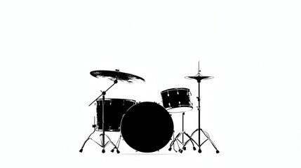 Monochrome drum kit, bass drum prominent, cymbals and hi-hat included, simple background