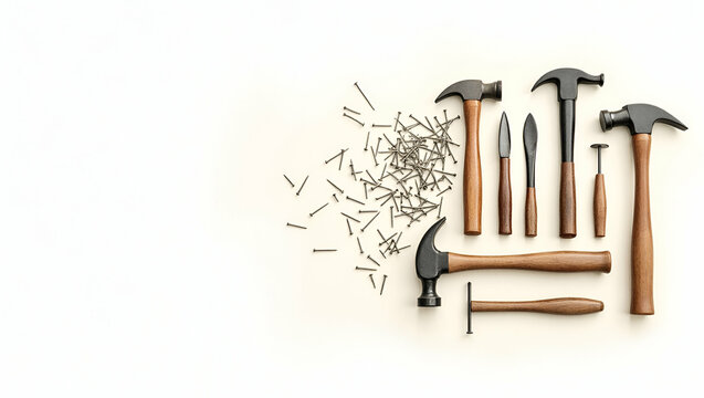 Refined Hammer and Nails Ensemble: Traditional Hand Tools for Precise Construction and Repair Work - Quality Projects with Empty Space