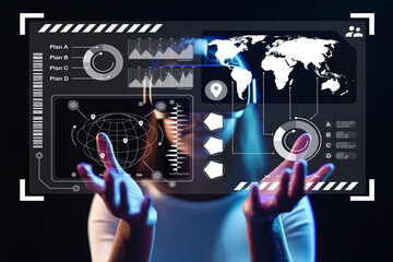 Futuristic Concept of Virtual Technology and Data Interaction with User's Hands in Front of Digital...