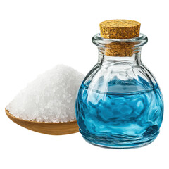 Obraz premium Salt substitute concept. A glass jar filled with blue liquid and white salt on a spoon.