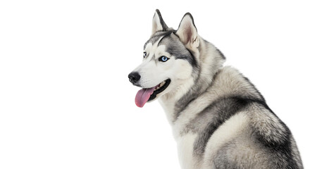 Fototapeta premium Cute siberian husky dog portrait with blue eyes and tongue out isolated on transparent background image