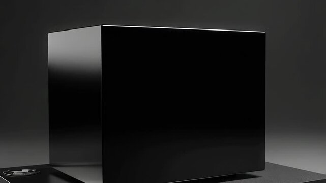 Sleek, black geometric sculpture on a platform. Minimalist design with subtle metallic accents, set against a dark background