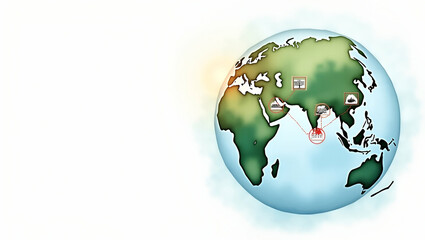 Fototapeta premium Globe Visualization of Environmental Threats: Emergency Icons & Risk Zones Illustrating Climate Hazards on Planet Earth - Photo Stock Concept with Empty Space Left