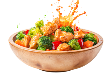 Delicious chicken stir fry with broccoli and peppers in a wooden bowl isolated on transparent PNG