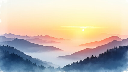 Obraz premium Dramatic Sunrise Over Layered Mountain Ridges: Golden Light and Misty Valleys - Panoramic Landscape Photography with Space for Text