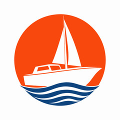 Sailboat Logo with Orange Sun and Blue Waves.