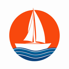Sailboat Logo with Orange Sun and Blue Waves.