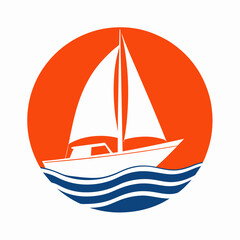 Sailboat Logo with Orange Sun and Blue Waves.