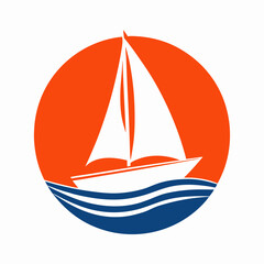 Sailboat Logo with Orange Sun and Blue Waves.
