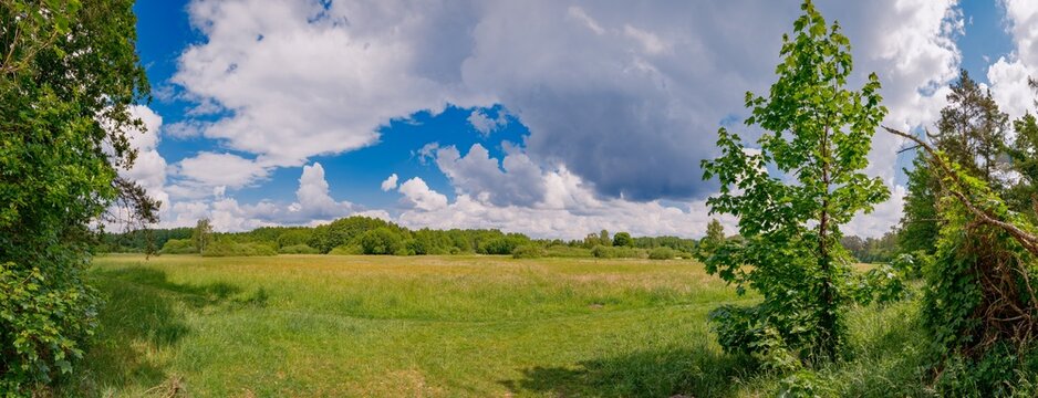 Zwischen Birkenwerder und Niederheide f&uuml;hren mehrere Rad- und Wanderwege vorbei an den "Saumwegwiesen" - Ansicht von S&uuml;den, Panorama aus 11 Bildern
