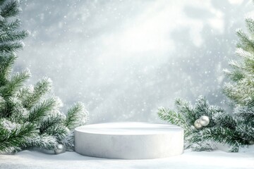 Blank white christmas product podium pedestal background concept or blank product display stand platform showcase isolated on dark white background with shadow minimal conceptual 3D