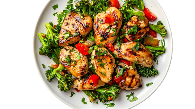 Grilled chicken breast with broccoli and tomatoes on a white plate close up view from above isolated on transparent background
