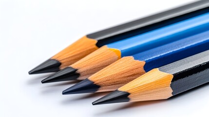 Fototapeta premium Close-up of four sharpened colored pencils; black, dark grey, light grey and dark blue, lying in parallel on a white background, tips aligned