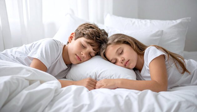 Young children siblings asleep together cuddled under blanket in bed in bright cozy morning light and peaceful scene