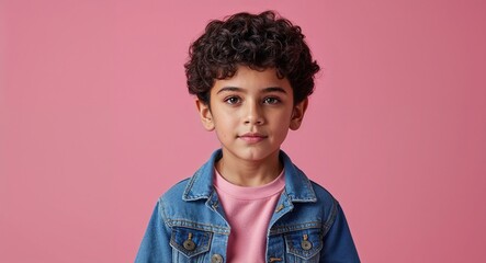 latin boy in summer concept on pink plain bright background kid child young fashion outfit commercial photoshoot pose with copy space