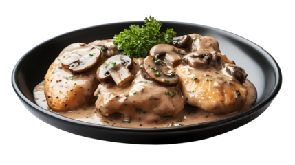 Chicken breast with creamy mushroom sauce and parsley garnish in a black bowl  isolated on transparent background