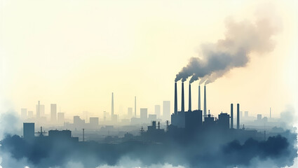 Fototapeta premium Panoramic Shot of Industrial Plant Emitting Thick Smoke into Bright Sky Over Urban Area - Industrial Pollution Concept with Empty Space for Text
