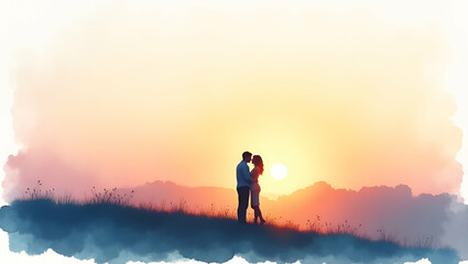 Sunrise Couple Embrace: Romantic Hilltop Silhouette Against Pastel Sky - Perfect Stock Photo Concept for Capturing Shared Moments and Love in Nature