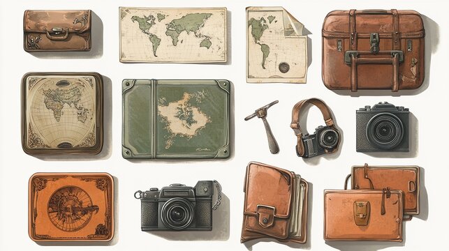 Vintage travel items, including suitcases, maps, cameras, and journals, displayed in a grid on a white background