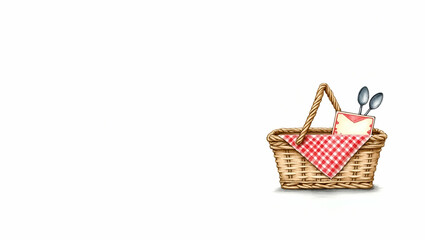 Obraz premium Charming Watercolor Painting of a Wicker Picnic Basket with Red and White Checkered Napkin, Letter, and Two Spoons - Perfect for Stock Photo Use with Empty Space for Text