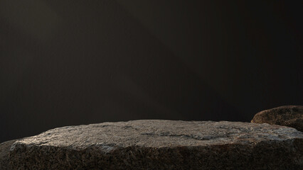 Rock Podium stand display product, Show cosmetics with studio dark light wall room background well free space for text, Cliff Brown stone clipping path