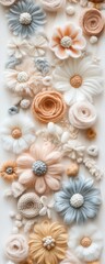 Seamless vertical background with soft pastel 3D wool flowers &ndash; handmade textile art