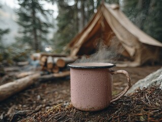 Fototapeta premium Pink Enamel Mug of Hot Drink near Rustic Tent in Forest
