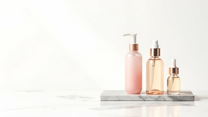 Naklejka premium Elegant Minimalist Personal Care Campaign: Pastel Lotion, Hand Cream & Body Oil on Marble Slab with Soft Shadows - Perfect for Moms | Stock Photo Concept with Ample Empty Space