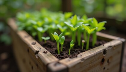 Seedlings emerge in a wooden box, conveying fresh starts and the promise of new growth in nature.