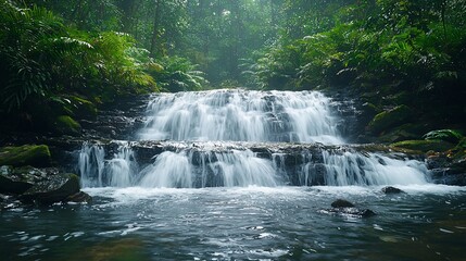 Obraz premium Cascading waterfall in lush rainforest. Gentle water flows over smooth rocks, creating a serene scene amidst dense vegetation