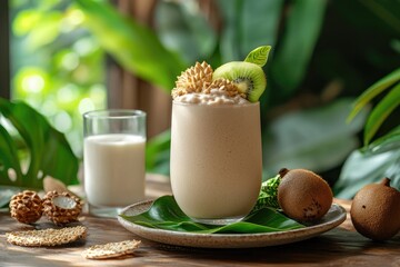 Tropical smoothie garnished with kiwi and granola in a glass.