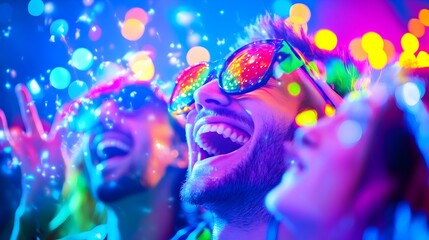 Euphoric crowd at a vibrant concert, illuminated by colorful lights and confetti