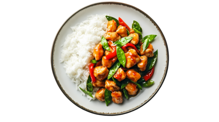 Close up shot of chicken stir fry with rice and vegetables on a white plate   isolated on transparent background