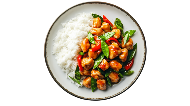 Close up shot of chicken stir fry with rice and vegetables on a white plate isolated on transparent background - Powered by Adobe