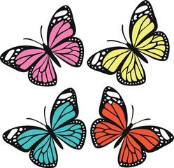 An illustration of four colorful butterflies with black outlines on a white background art design