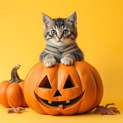 Fototapeta premium halloween cat with pumpkin