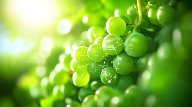 Sunlit green grapes on the vine, overlaid with a subtle data visualization suggesting technological analysis of viticulture