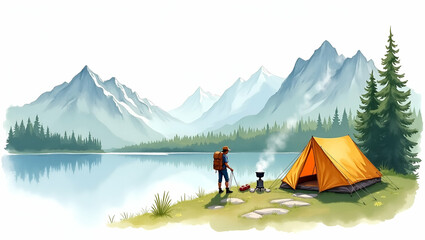 Backpacker Lifestyle: Camping Beside Serene Alpine Lake with Portable Tent & Compact Stove - Embrace Minimalist Outdoor Living in Stunning Photo Stock Concept