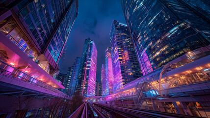 Obraz premium Vibrant floating monorail glides through futuristic cityscape, surrounded by towering glass buildings illuminated shades of purple and blue. atmosphere is electric and captivating, showcasing