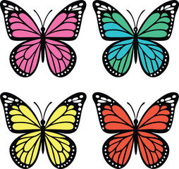 Four colorful butterflies with black outlines and white dots on a white background in a square layout