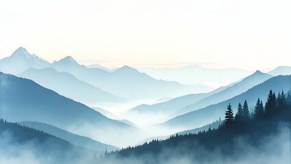 Mountain ridge viewpoint overlooking expansive valley shrouded in morning mist with dramatic cloud formations framing panoramic wilderness vistas in  Photo Stock  Concept  and empty space on the left 