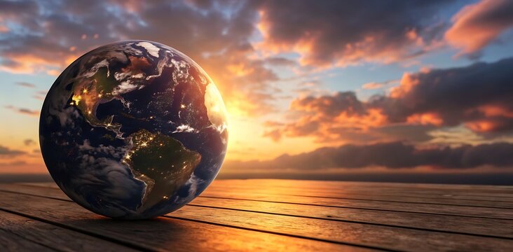 Earth Globe at Sunrise/Sunset on Wooden Deck, Wallpaper and digital background