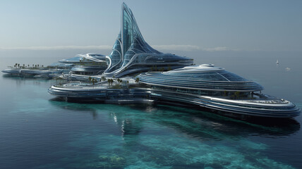 Massive futuristic hub water features sleek, transparent structures with unique design, surrounded by clear blue waters and serene atmosphere. This innovative architecture showcases modernity